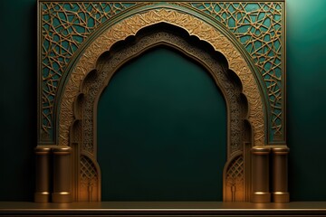 Poster - A green wall with a gold arch and a clock. Perfect for interior design concepts