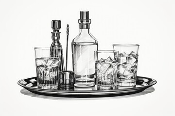 Aufkleber - A drawing of a tray with glasses and bottles. Suitable for bar and restaurant concepts