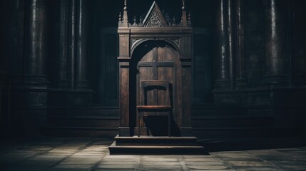 Poster - A wooden chair in a dark room. Suitable for furniture or interior design concepts