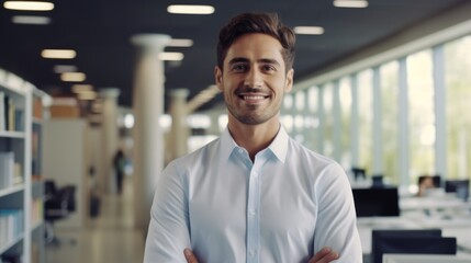 Poster - A man standing with crossed arms in an office. Suitable for business concepts