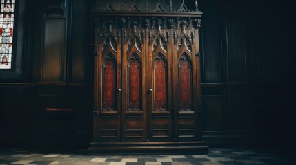 Poster - A wooden door in a room with a checkered floor. Suitable for interior design projects
