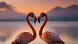 Two flamingos create heart shape at sunset, symbolizing love and togetherness