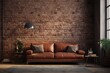 Cozy living room with brick wall and stylish leather couch, perfect for interior design projects