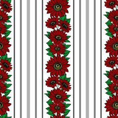 seamless vertical pattern of stripes and red flowers, texture, background