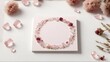 stationery mockup, white square card, large circle sticker, detailed pink quartz crystals, dried flowers in the background, 3D, white, light shadows, light shadows, bright background