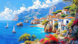 Fototapeta  - Oil painting of a small town on the Mediterranean Sea, mountains in the background, beautiful summer weather.