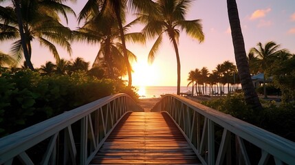 Poster - Wooden bridge leading to a tropical beach with palm trees. Perfect for travel and vacation concepts