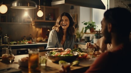 Poster - A group of people sitting at a table with food. Perfect for illustrating social gatherings or restaurant scenes