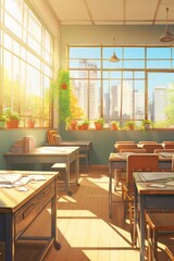 Poster - A typical classroom setup with desks, chairs, and a window. Suitable for educational and school-related designs