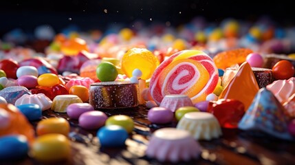 Canvas Print - A variety of colorful candies displayed on a table. Perfect for sweet tooth cravings or party decorations