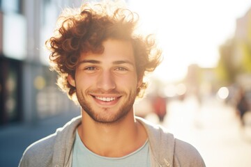 Poster - A man with curly hair and a beard smiling at the camera. Suitable for business or lifestyle concepts