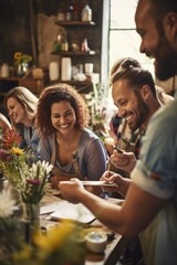 Poster - A diverse group of individuals gathered around a table. Suitable for business meetings or social gatherings