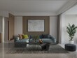 Mock up of a trendy living room with a cool corner sofa and modern decorative background, 3D rendering.