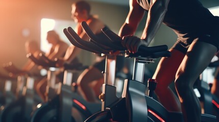 Poster - A group of people exercising on stationary bikes. Suitable for fitness and healthy lifestyle concepts