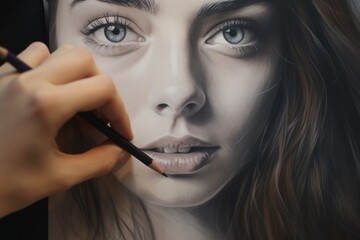 Poster - Close-up of an artist sketching a woman's portrait, ideal for art and creativity concepts