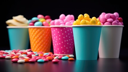Aufkleber - Colorful cups filled with assorted candies, perfect for candy shop or party themes