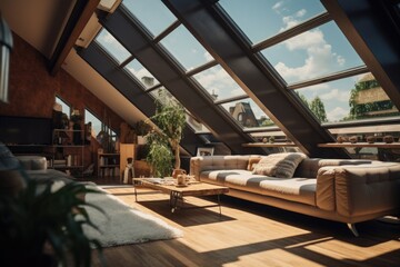 Poster - A warm and inviting living room with ample furniture and a spacious window. Ideal for home decor or interior design concepts
