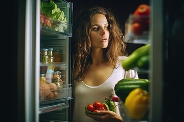 Poster - A woman standing in front of an open refrigerator. Perfect for lifestyle and food-related designs