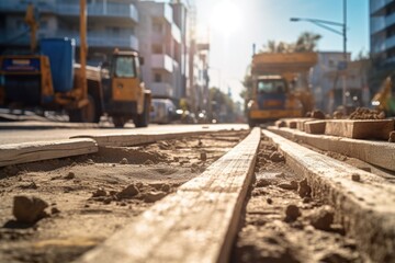 A bulldozer at a busy construction site. Suitable for construction and industrial concepts