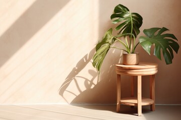 Aufkleber - A potted plant placed on a rustic wooden table, suitable for home decor or gardening concepts