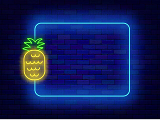 Wall Mural - Fruit shop neon flyer. Summer tropical party. Empty turquoise frame with pineapple symbol. Vector stock illustration