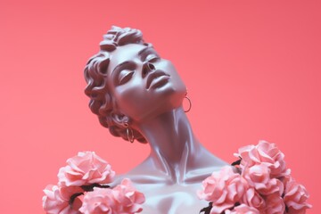 Poster - A statue of a woman adorned with flowers. Suitable for various artistic projects