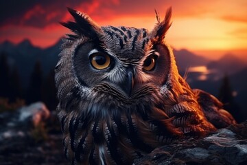 Poster - Close up of an owl perched on a rock, perfect for nature-themed designs