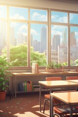 Poster - Classroom with desks and chairs overlooking a city skyline. Suitable for educational and urban themed projects