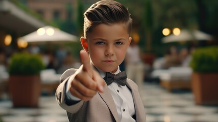 Poster - A young boy in a suit pointing at the camera. Ideal for business concepts
