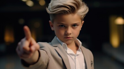 Poster - A young boy in a suit pointing at the camera. Suitable for business concepts