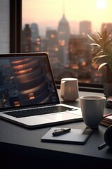 Aufkleber - A laptop computer sitting on top of a desk. Suitable for business and technology concepts