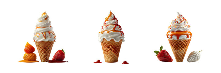 Wall Mural - Set of soft serve ice cream  in the waffle cone, illustration, isolated over on transparent white background