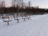 Fototapeta Most - Single seating benches on a row next to the ski trail.