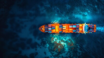 Wall Mural - Aerial view of a large container cargo ship navigating through a canal waterway on a sunny day