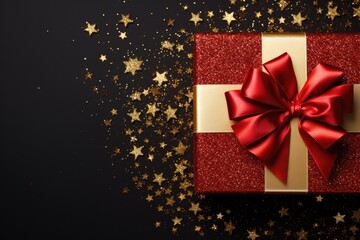 Wall Mural - A festive red and gold gift box with a red bow. Perfect for holiday and celebration concepts