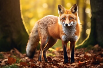 Canvas Print - A fox standing in the leaves, suitable for nature themes