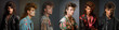 Set of 1980s fashion young teen men - mullet hairstyle - pop culture - funny fashion - vintage - profile side view - individual isolated portraits.  Young man from the 80s. quirky and eccentric teens
