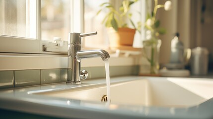 Poster - A kitchen sink with a faucet running water. Ideal for home improvement or plumbing concepts