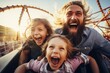 A man and two little girls enjoying a thrilling ride on a roller coaster. Perfect for illustrating family fun at an amusement park