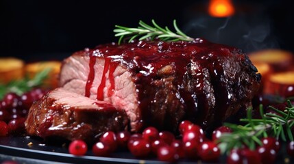 Delicious roast beef with cranberry sauce, perfect for food blogs or restaurant menus