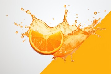 Wall Mural - Fresh orange slice dropping into clear water. Ideal for food and drink concepts