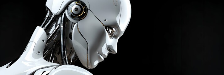 Futuristic humanoid robot on black background. Artificial intelligence, science and innovation, future techology, sci-fi. Ai and machine learning concept. Design for banner, header with copy space