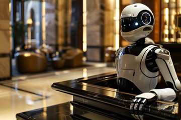 Poster - Humanoid robot concierge at hotel reception. Artificial intelligence, science and innovation, futuristic techology. Ai and machine learning concept. Luxury interior