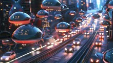 Futuristic Urban Traffic Flow Showcasing Seamless Integration Of Hovercrafts And Drones Efficiency Redefined