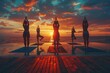 People at sunset practicing different yoga positions near the sea. Generative Ai.