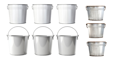 Collection of metal bucket isolated on a white background as transparent PNG