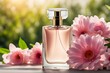 © All in Stock - A transparent bottle of perfume surrounded by pastel pink flowers against a nature background, creating a floral and elegant fragrance concept.