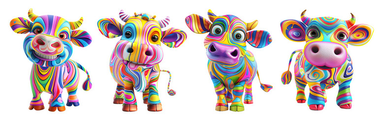 Wall Mural - cartoon colorful cow isolated cutout on transparent background. set of cute cartoon characters cows