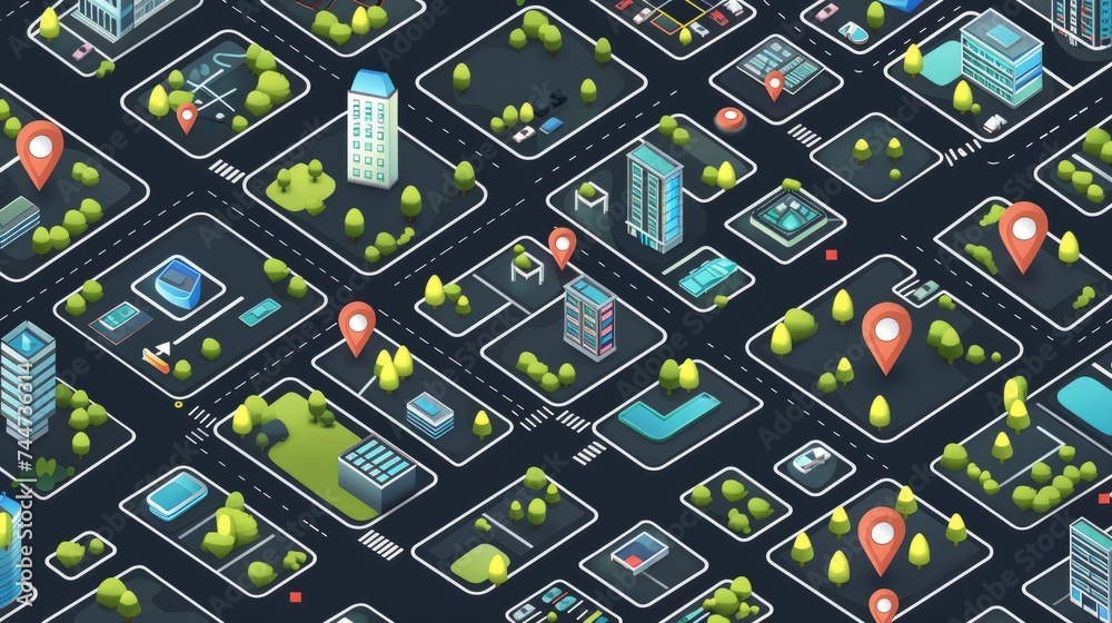 Discover the world: isometric city map with gps pins on black ...
