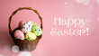 Happy Easter! - Easter basket with eggs on a pink background, inscription Happy Easter!